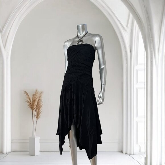 Joie Vivienne Black Strapless Ruched Midi Dress Size 4 Asymmetric Hem 4 - Picture 8 of 9